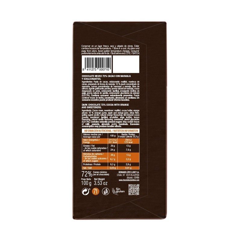Chocolate Negro 72% con Naranja sin azúcares