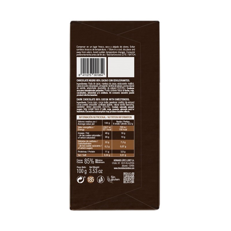 Chocolate Negro 85% Sin Azúcares Añadidos